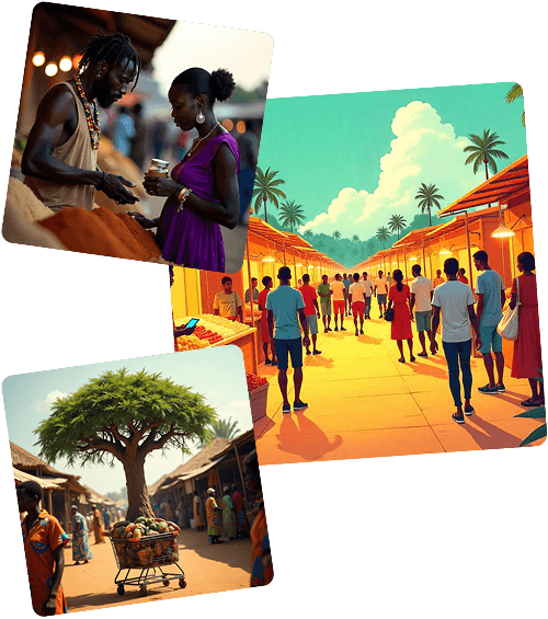 Collage of Gambian marketplace and community scenes