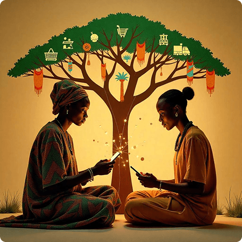 Two people connected through Banjulo on their phones beside a marketplace tree